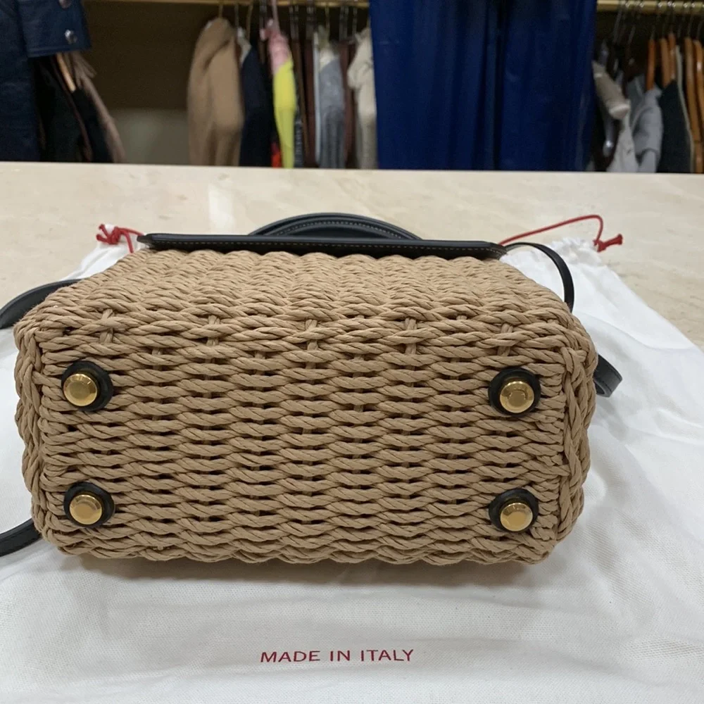 SALVATORE FERRAGAMO MEDIUM BOXYZ LEATHER TRIMMED NATURAL STRAW TOP HANDLE BAG - Picture 14 of 16